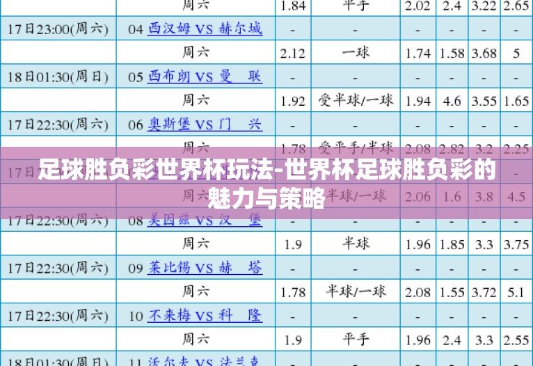 足球胜负彩世界杯玩法-世界杯足球胜负彩的魅力与策略 足球胜负彩世界杯玩法-世界杯足球胜负彩的魅力与策略