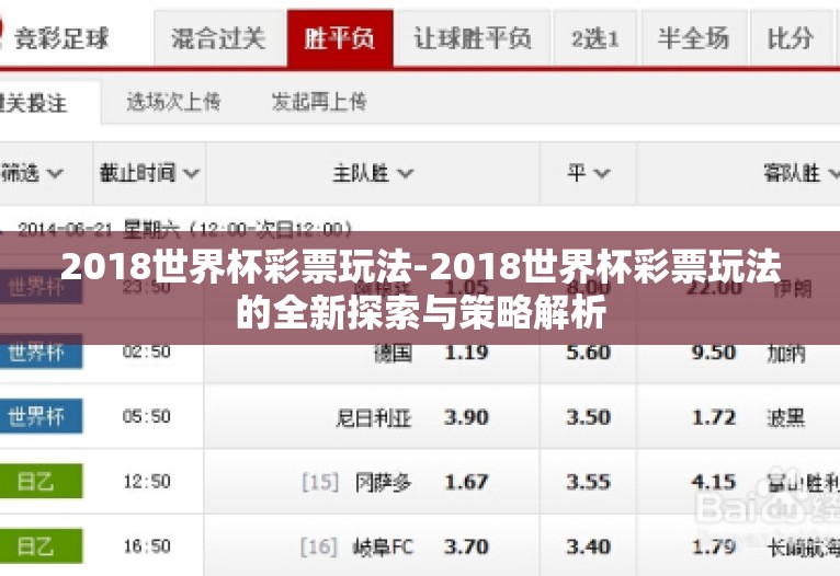 2018世界杯彩票玩法-2018世界杯彩票玩法的全新探索与策略解析 2018世界杯彩票玩法-2018世界杯彩票玩法的全新探索与策略解析